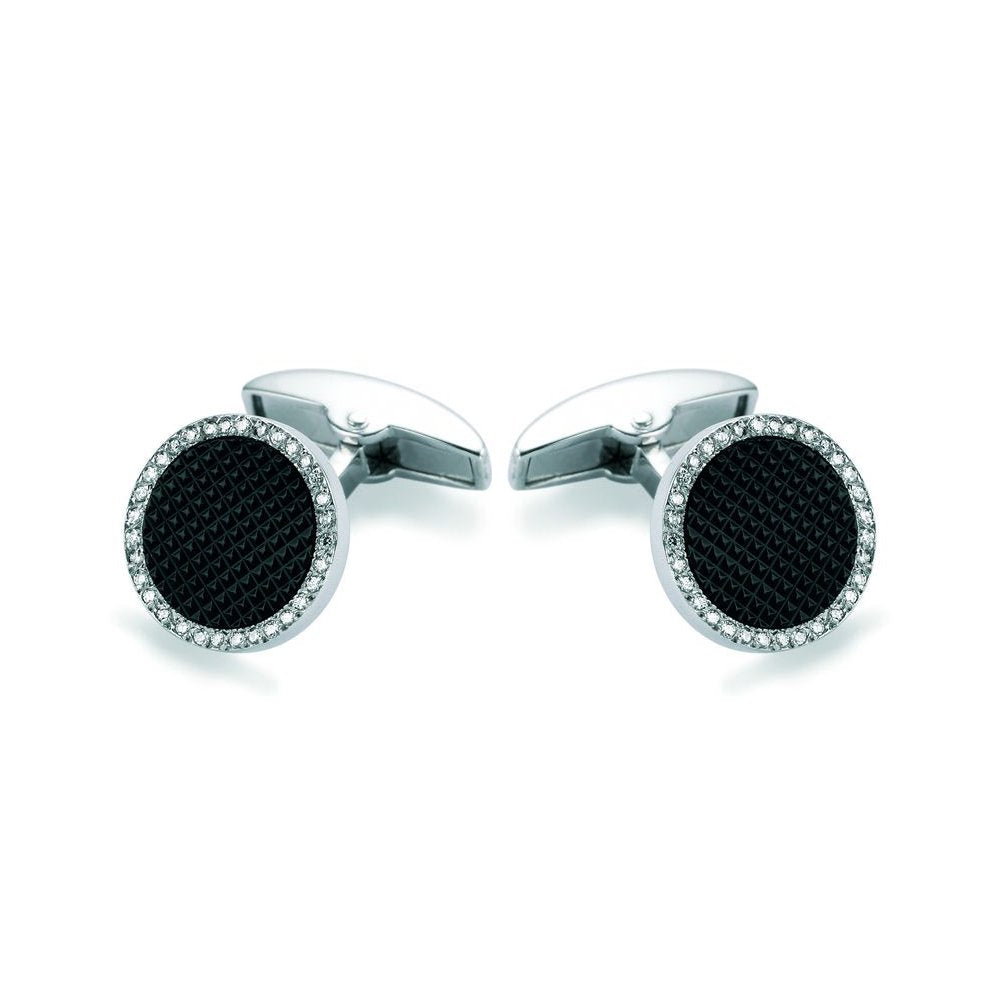 18ct White Gold & Onyx Hobnail Diamond Set Round Cufflinks