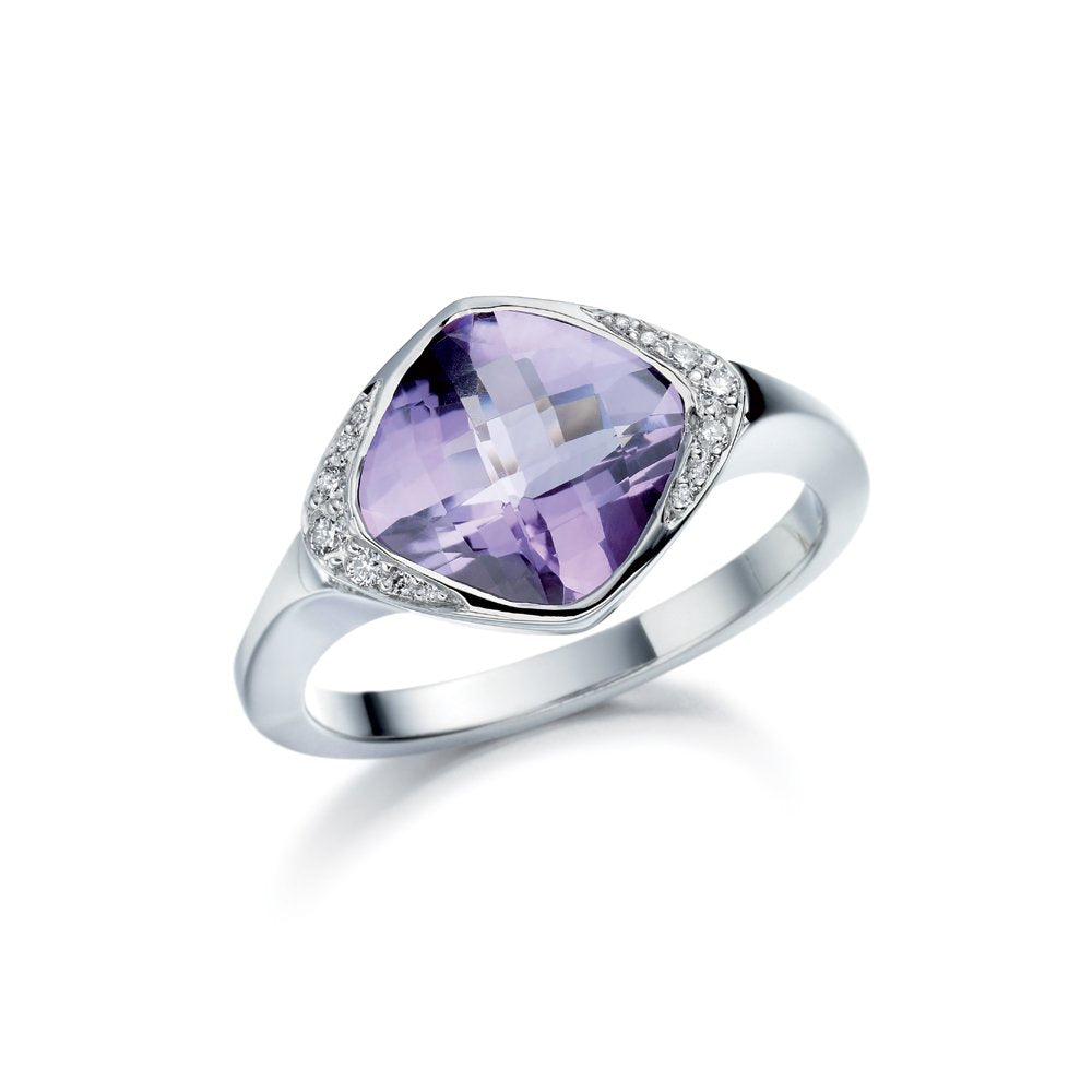 Checkerboard Cushion Cut Amethyst and Diamond Ring