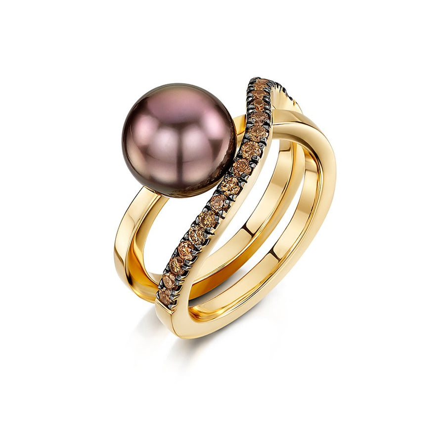18ct Rose Gold Black South Sea Tahitian Pearl & Cognac Diamond Ring