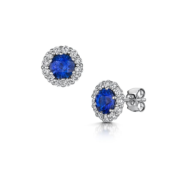 18ct White Gold Ceylon Sapphire and Diamond Cluster Earrings
