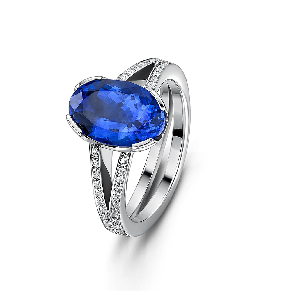 Platinum Oval Tanzanite & Diamond Split Shank Ring
