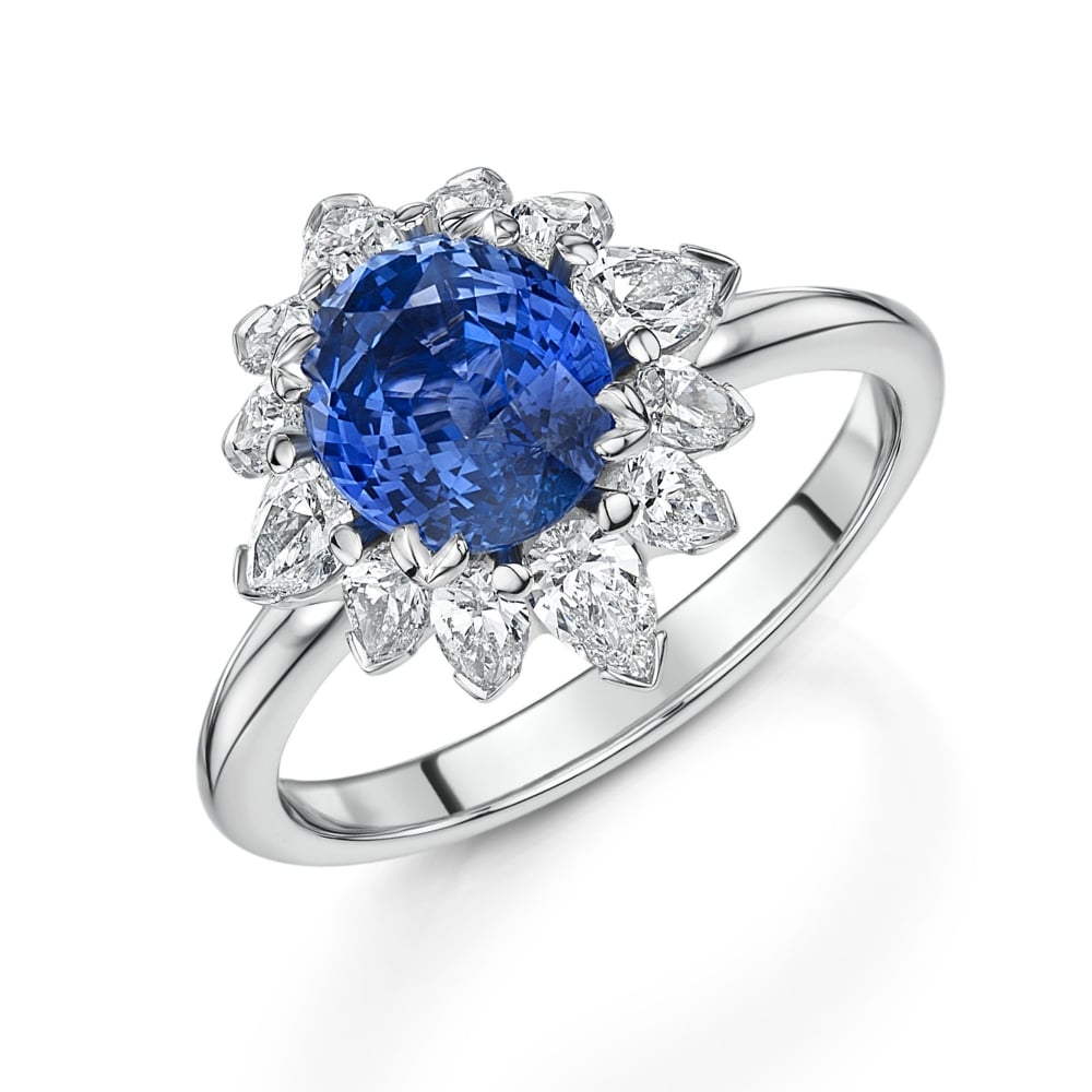 Platinum Oval Blue Sapphire & Pear Shaped Diamond Cluster Ring