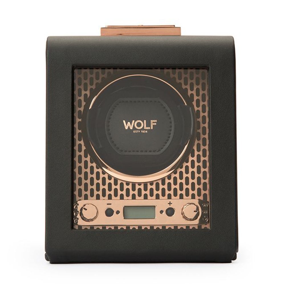 Axis Single Watch Winder in Black Leather with Copper Plated Fascia