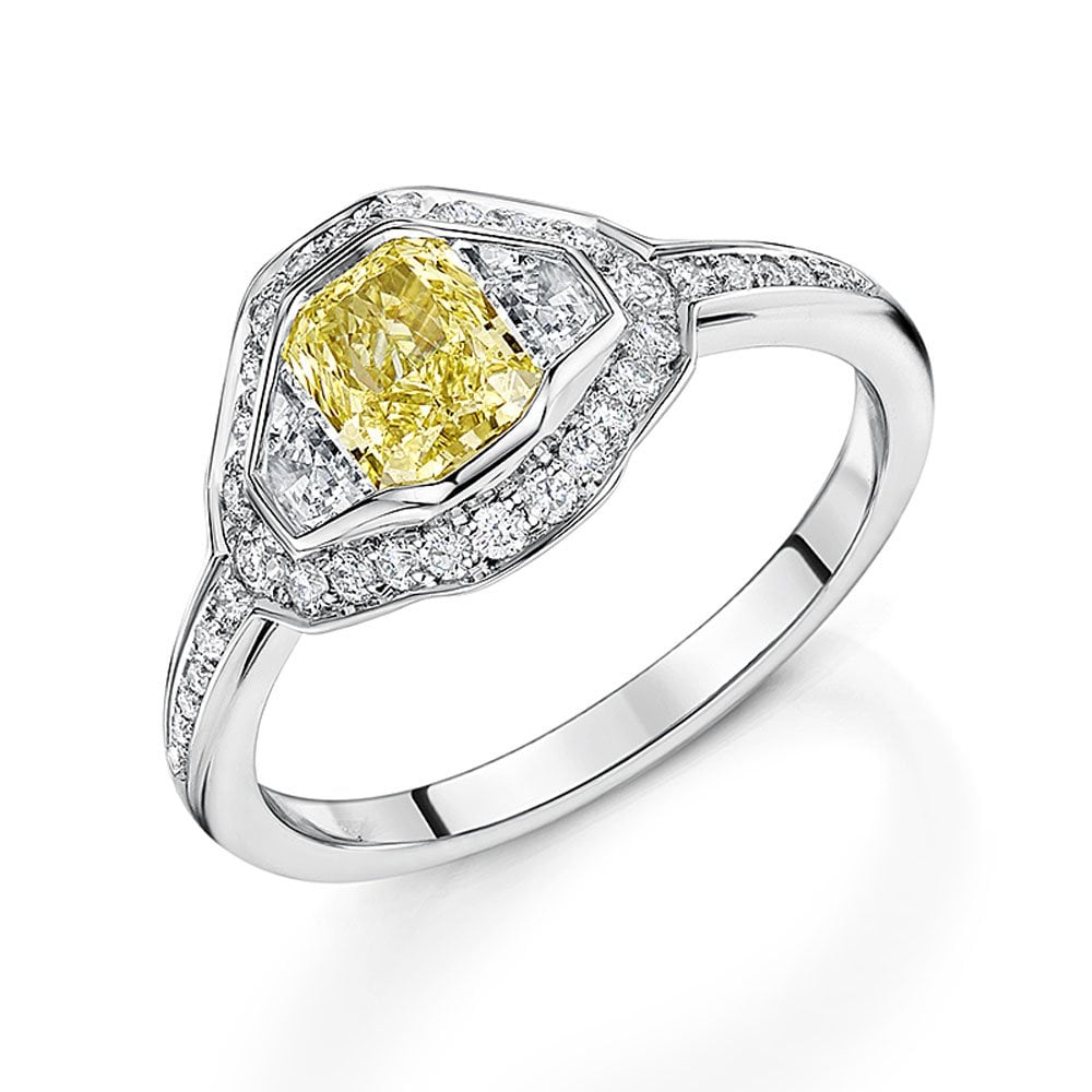 Platinum Fancy Yellow Radiant cut and trap cut diamond Ring
