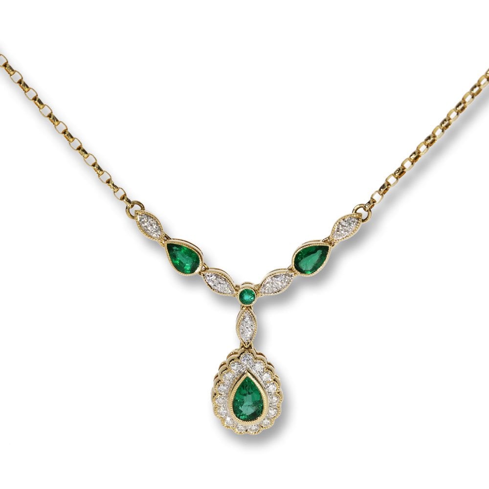 18ct Yellow Gold Pear shape Emerald and Diamond Necklace