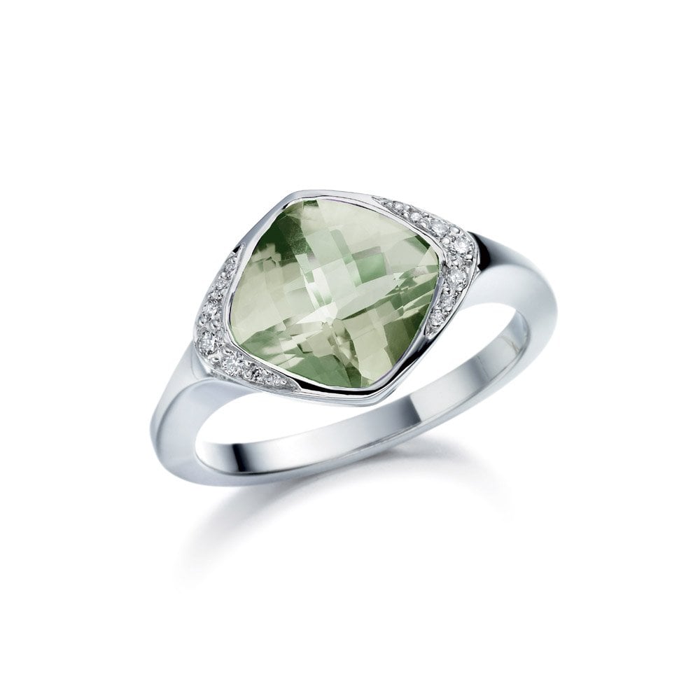 White Gold Checker Cut Green Amethyst and Diamond Ring