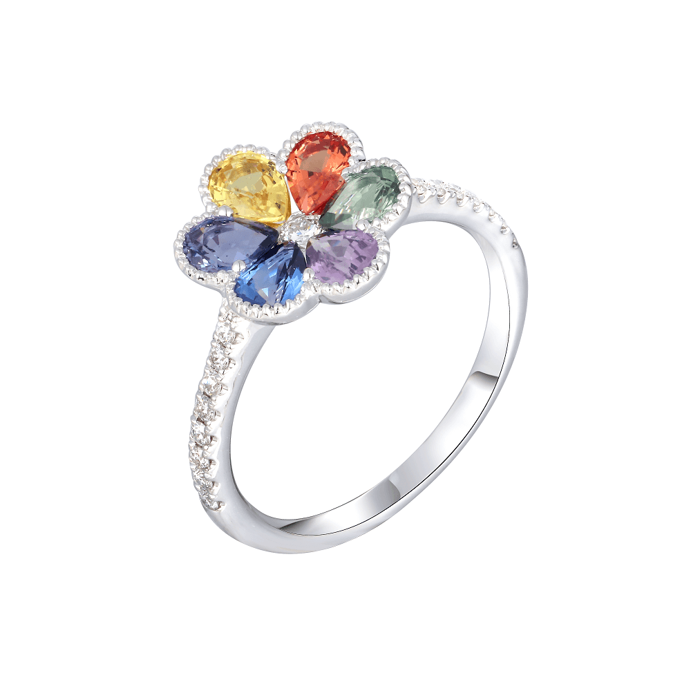 18ct White Gold Rainbow Sapphire & Diamond Flower Ring