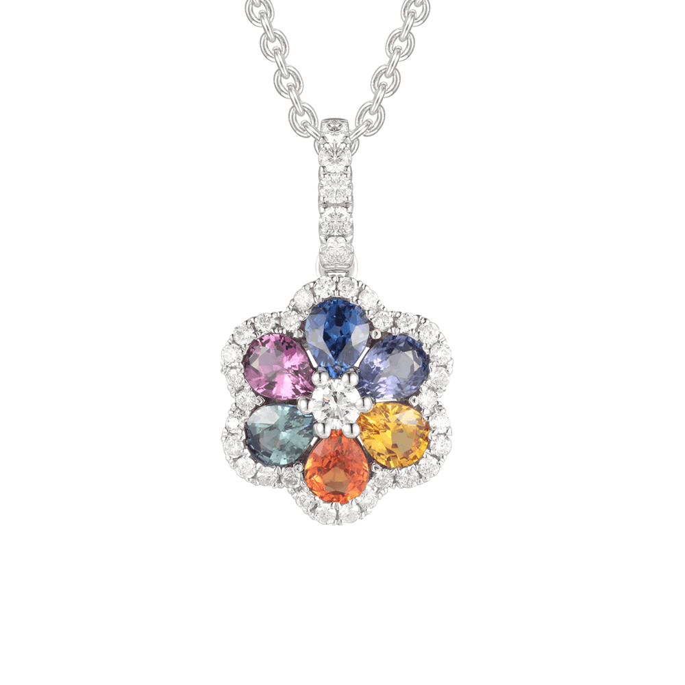 18ct White Gold Rainbow Sapphire and Diamond Flower Pendant