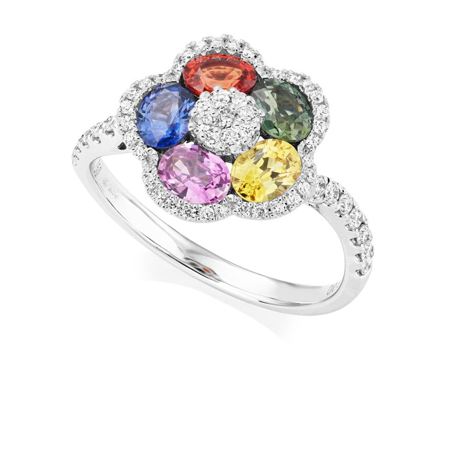18ct White Gold Fancy Coloured Sapphire & Diamond Flower Style Ring