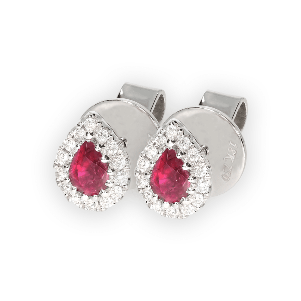 18ct White Gold Pear Shape Ruby & Diamond Cluster Stud Earrings