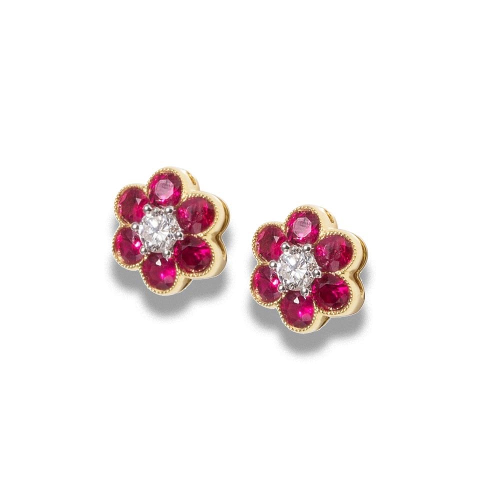 18ct Yellow Gold Ruby & Diamond Flower Stud Earrings