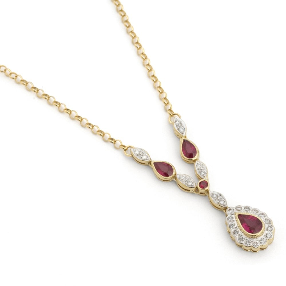 18ct Yellow Gold Pear Shaped Ruby & Diamond Necklace