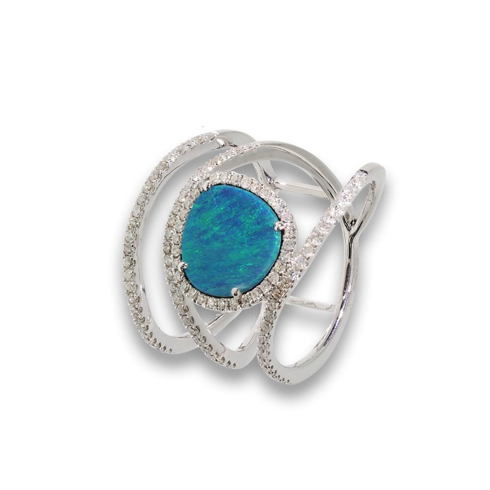 White Gold Opal & Diamond Triple Band Ring