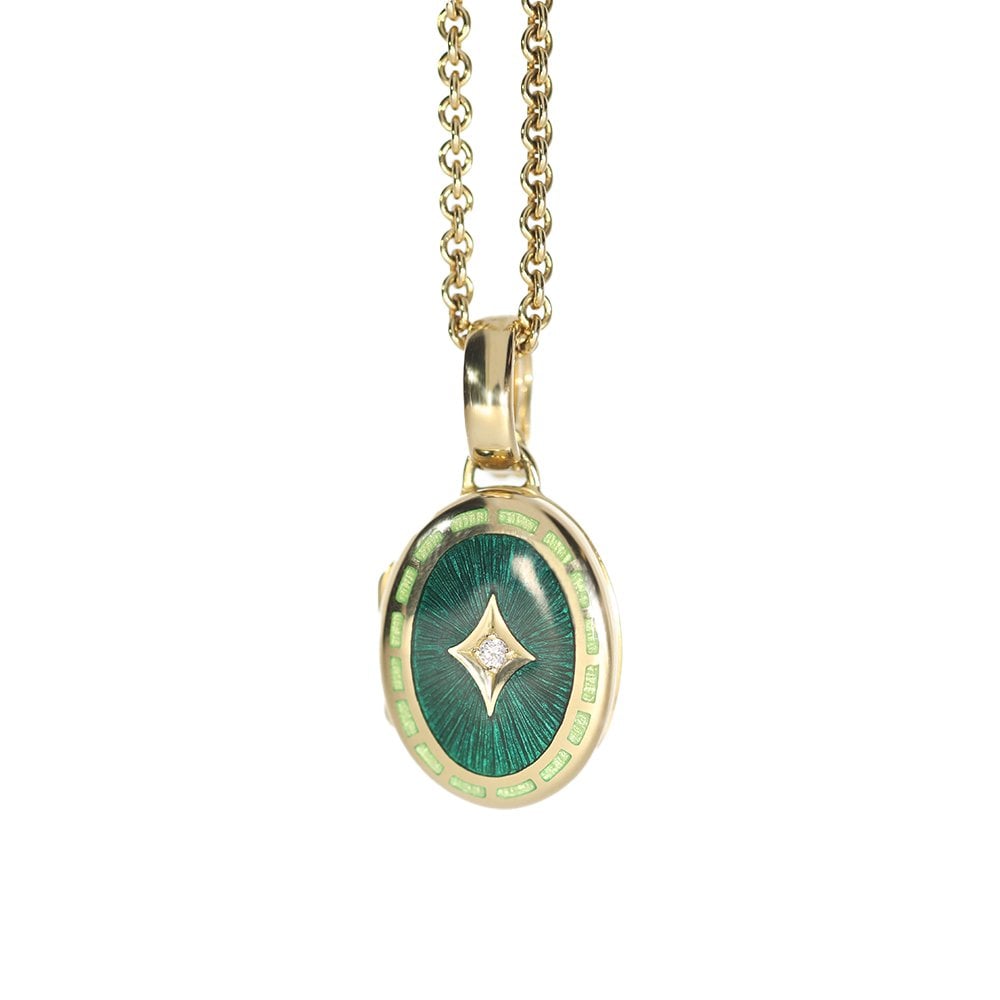 18ct Yellow Gold Green Enamel and Diamond Locket