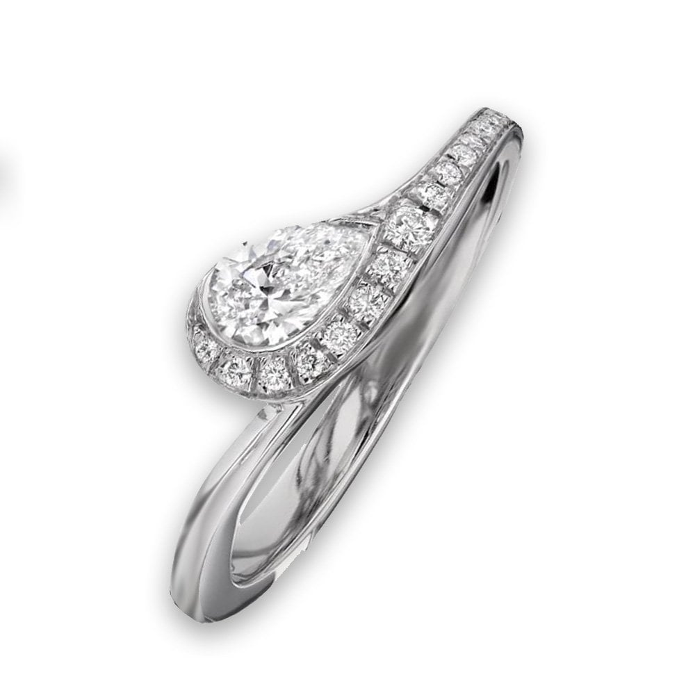 Platinum Pear Shaped Diamond Ring With a Pave Diamond Shoulder