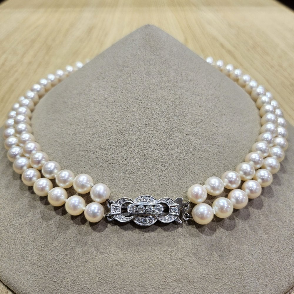 Akoya Pearl Double Row Necklace on an 18ct White Gold Diamond Art Deco Clasp