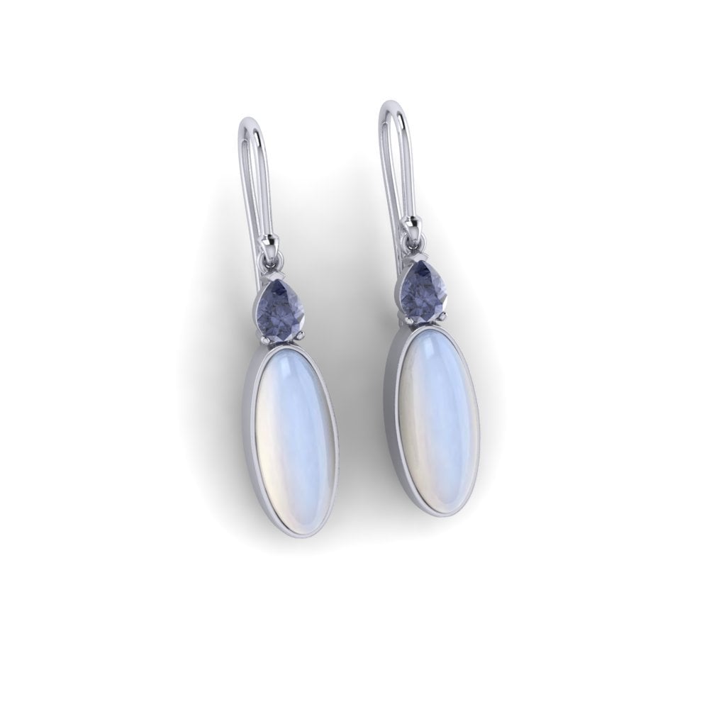 18ct White Gold Moonstone and Tanzanite Drop Earrings