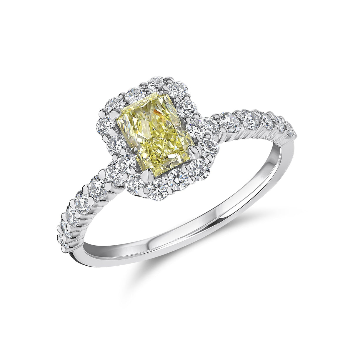 Platinum light yellow radiant cut diamond ring